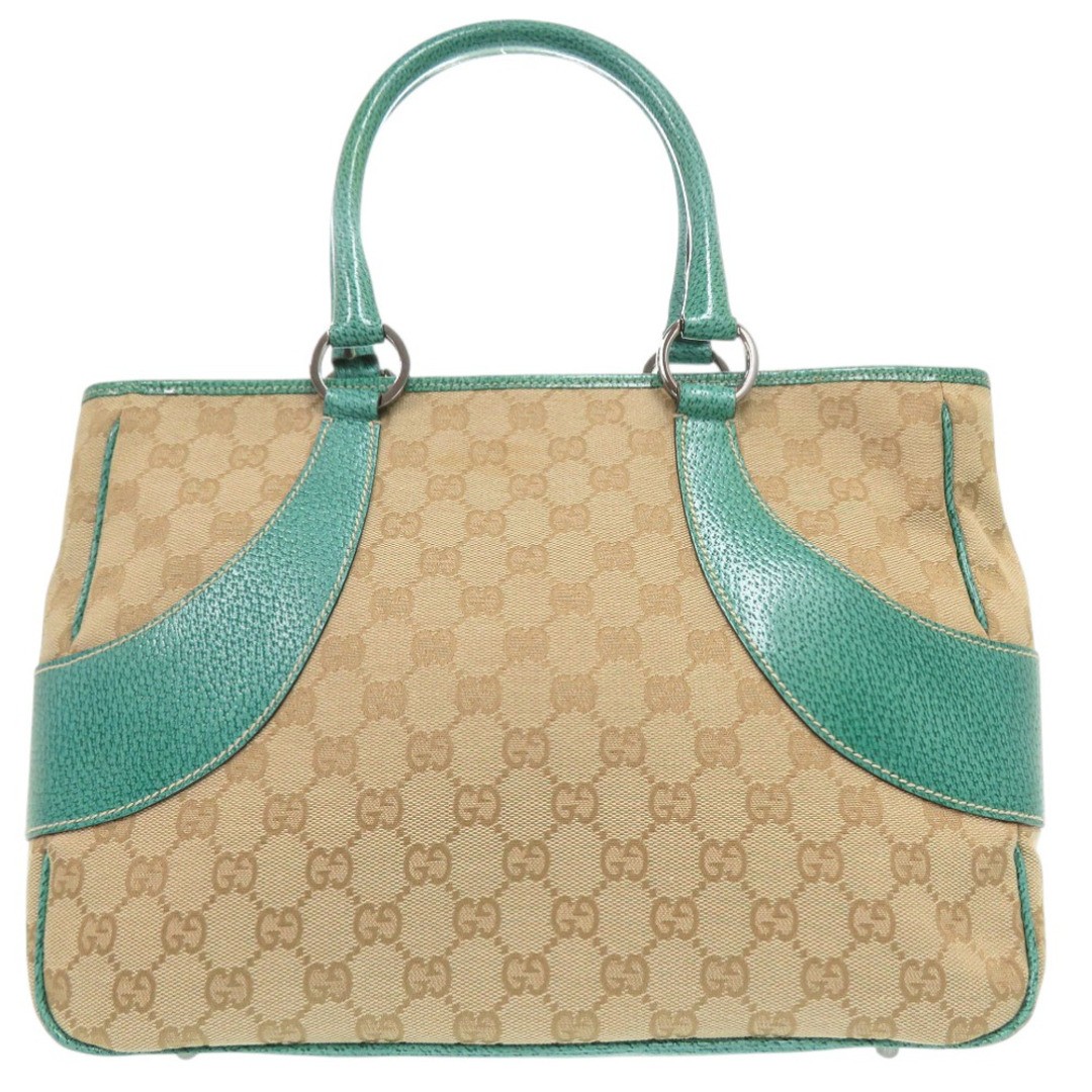 Gucci GG Canvas Tote Bag Beige Green Leather Used-Size Approx 38cm