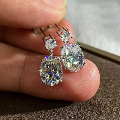 3.10Ct Lab Created Diamond Oval Cut Drop Dangle Earrings 14K White Gold Plated