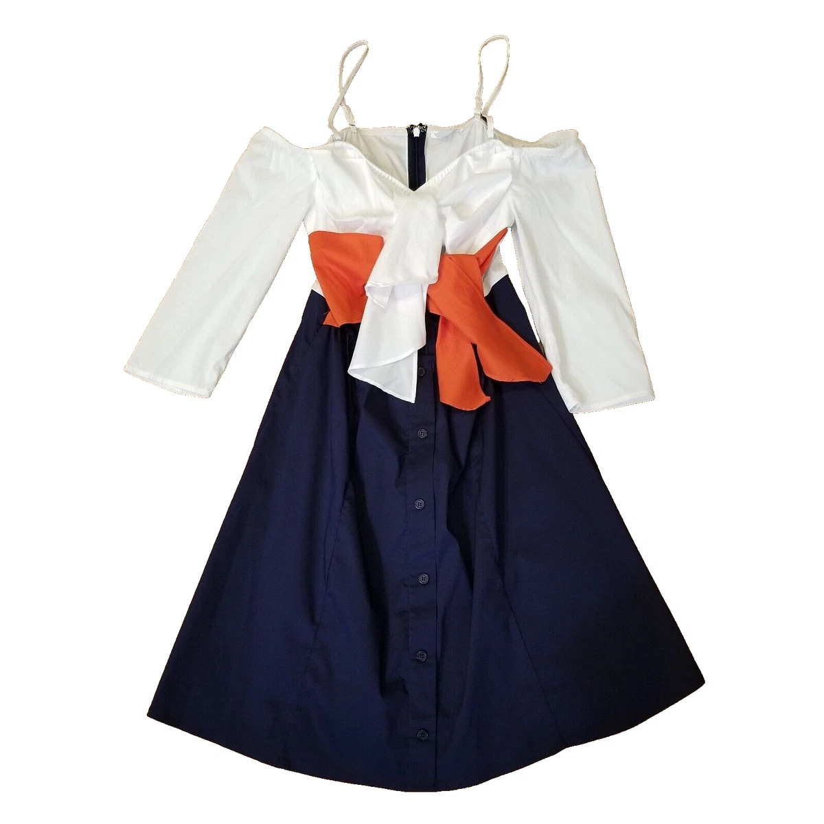Venus red white store and blue dress