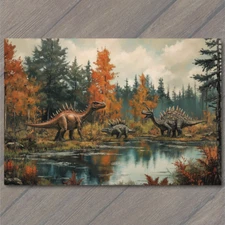 Art Print Stegosaurus Family Walks Past Autumn Lake Reflected In Fall Forest