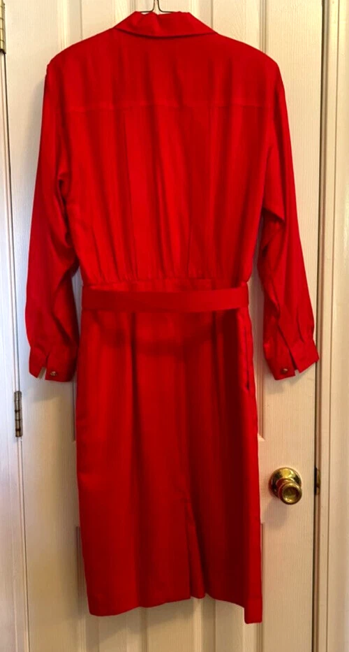 Vestido Vintage Liz Claiborne Petite Rojo Manga Larga Seda Bolsillos Talla 10 con Cinturón Foto 2 de 4