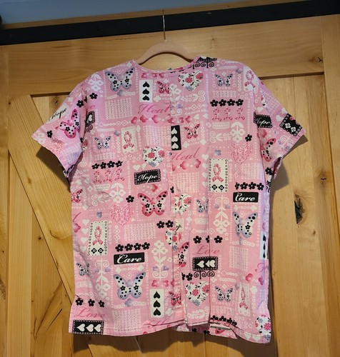 SCRUB HQ Sz M Scrub Top Pink Breast Cancer Medical. Hope Love Care Butterfly - Picture 2 of 11