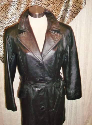 Abrigo vintage de cuero negro suave 3/4.talla pequeña, cintura atada, botón delantero - Imagen 4 de 4