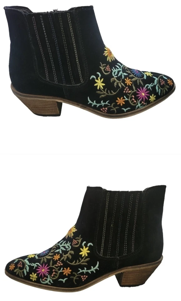 Botines estilo vaquero Diba coloridos florales bordados negros gamuza tacón bajo talla 6 Foto 4 de 4