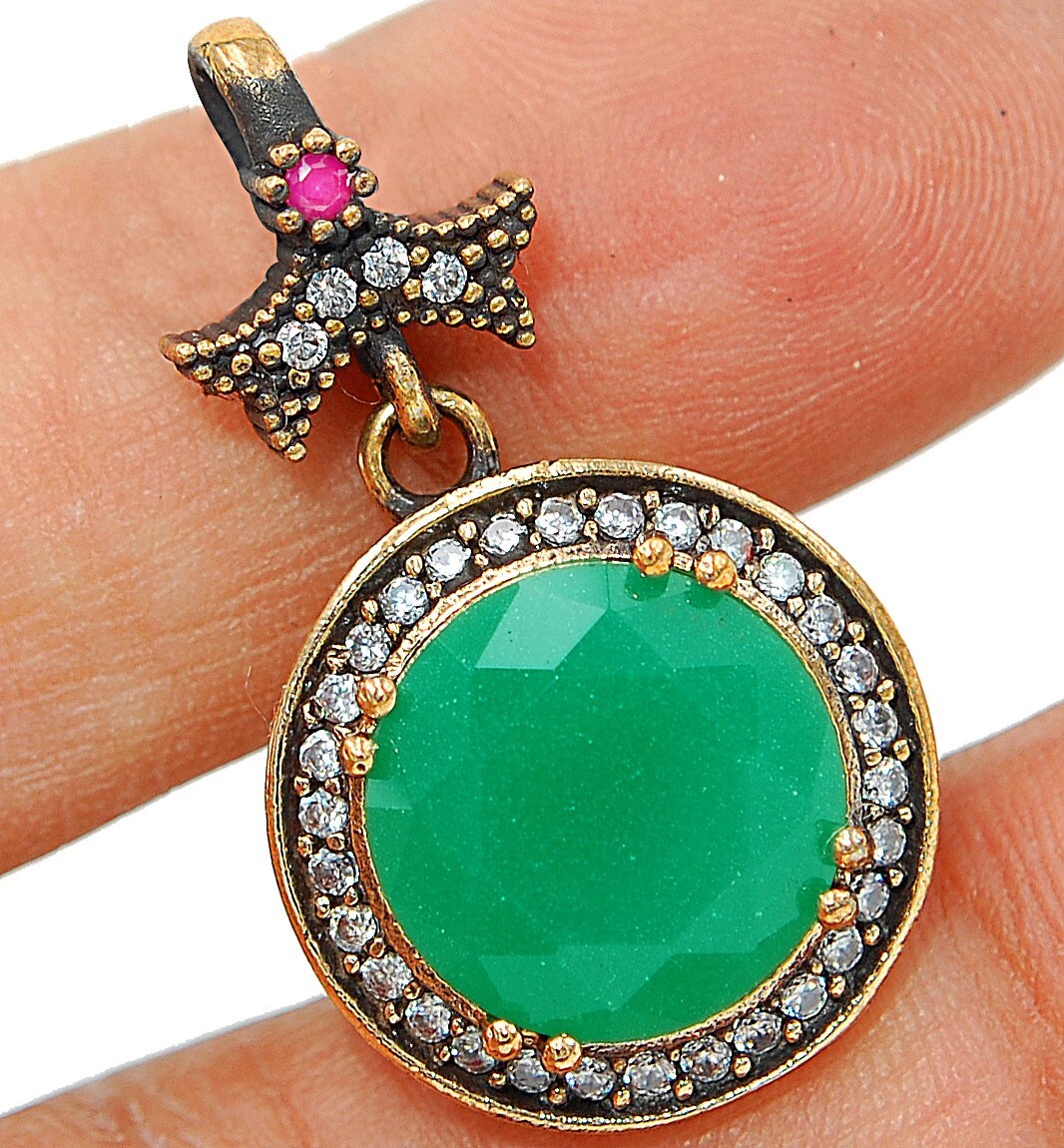 Ottoman Empire Style 10CT Treated Emerald 925 Sterling Silver Pendant TC5