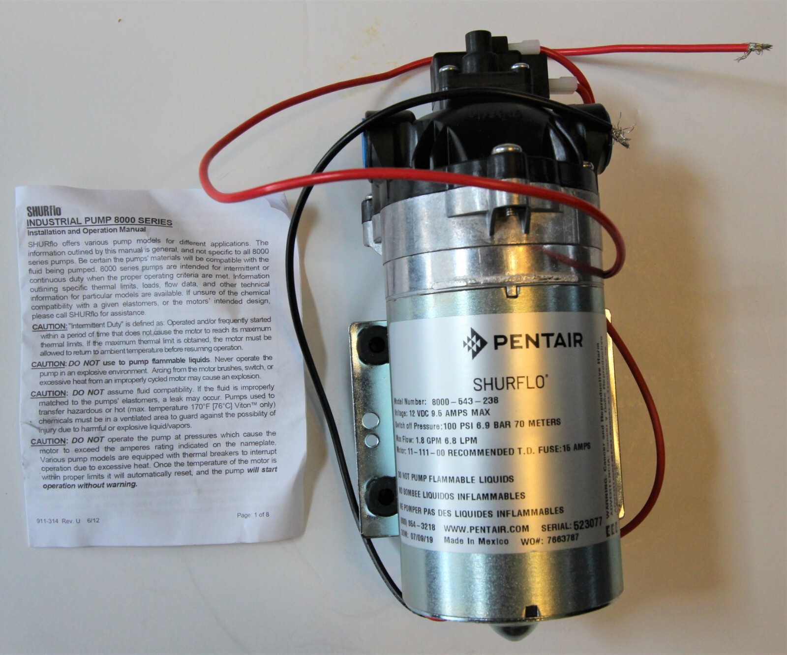 PENTAIRE SHURFLO model #8000-543-238 Diaphragm Pump 1.8GPM 12V 100PSI