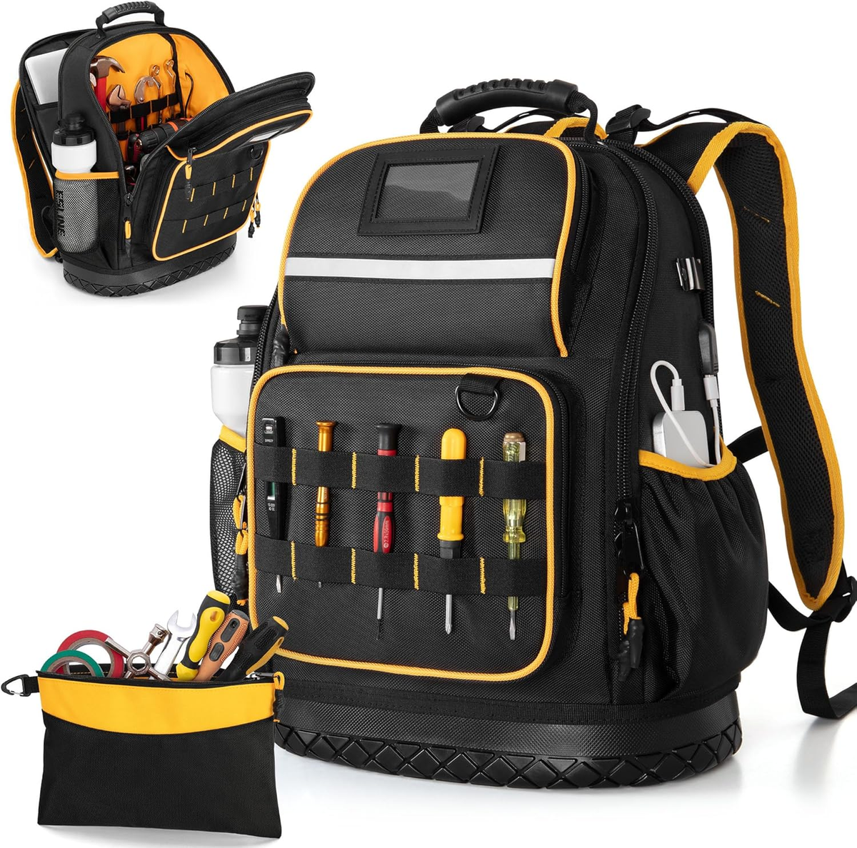 Tool Backpack with Hard Bottom and a Tool Pouch, Heavy Duty Tool