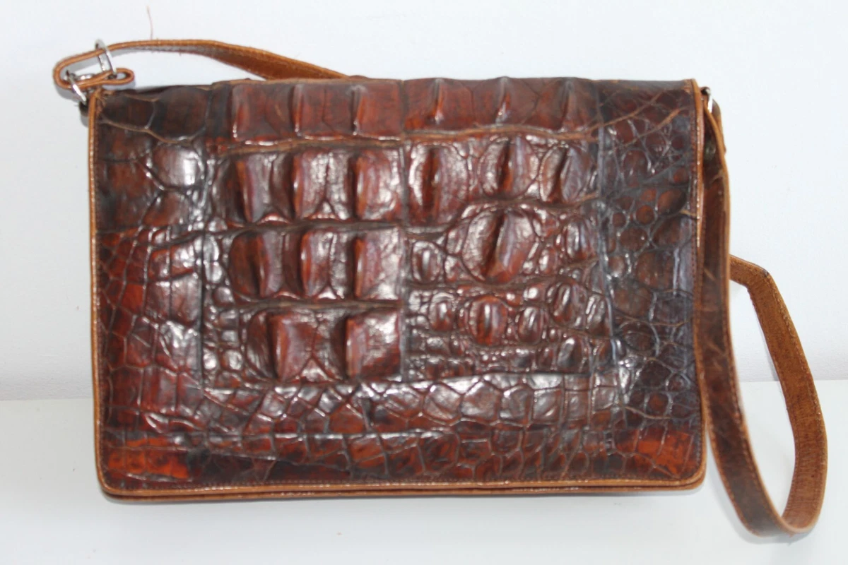 Sac à Main Vintage En Vrai Crocodile - Marron - 2 Compartiments - Dimensions : 23x18x6 Cm