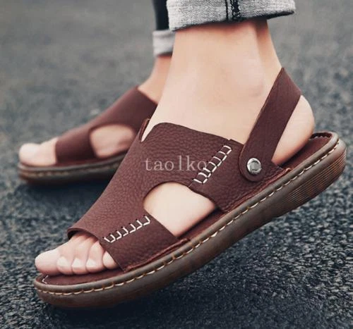 Mens leather shop open toe slippers