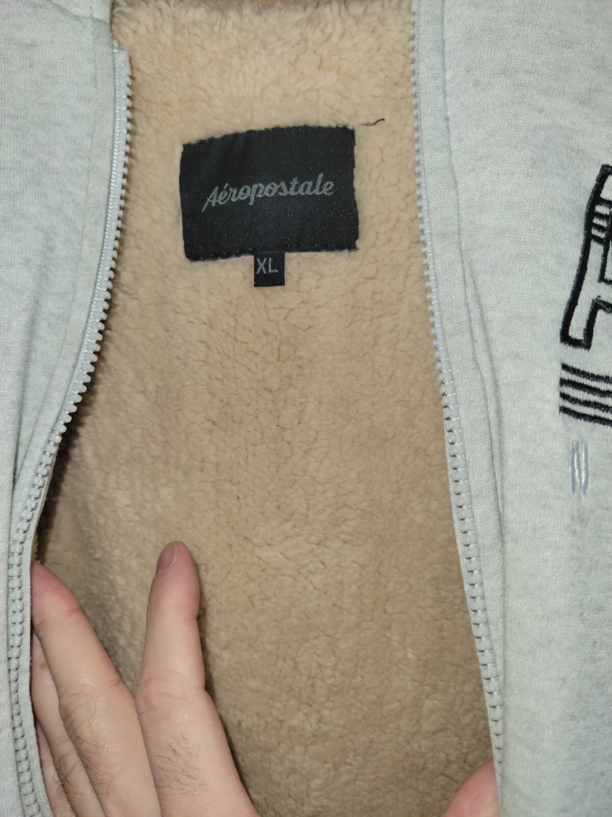 Aeropostale Fur Lined Hoodie Jacket Men's XL Gray Y2K Logo Sherpa