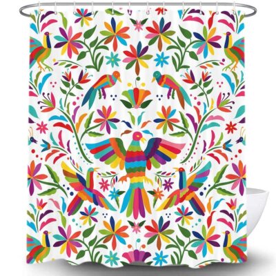 Mexico Floral Shower Curtain Traditional Mexican Bluebird Otomi Style 69x70