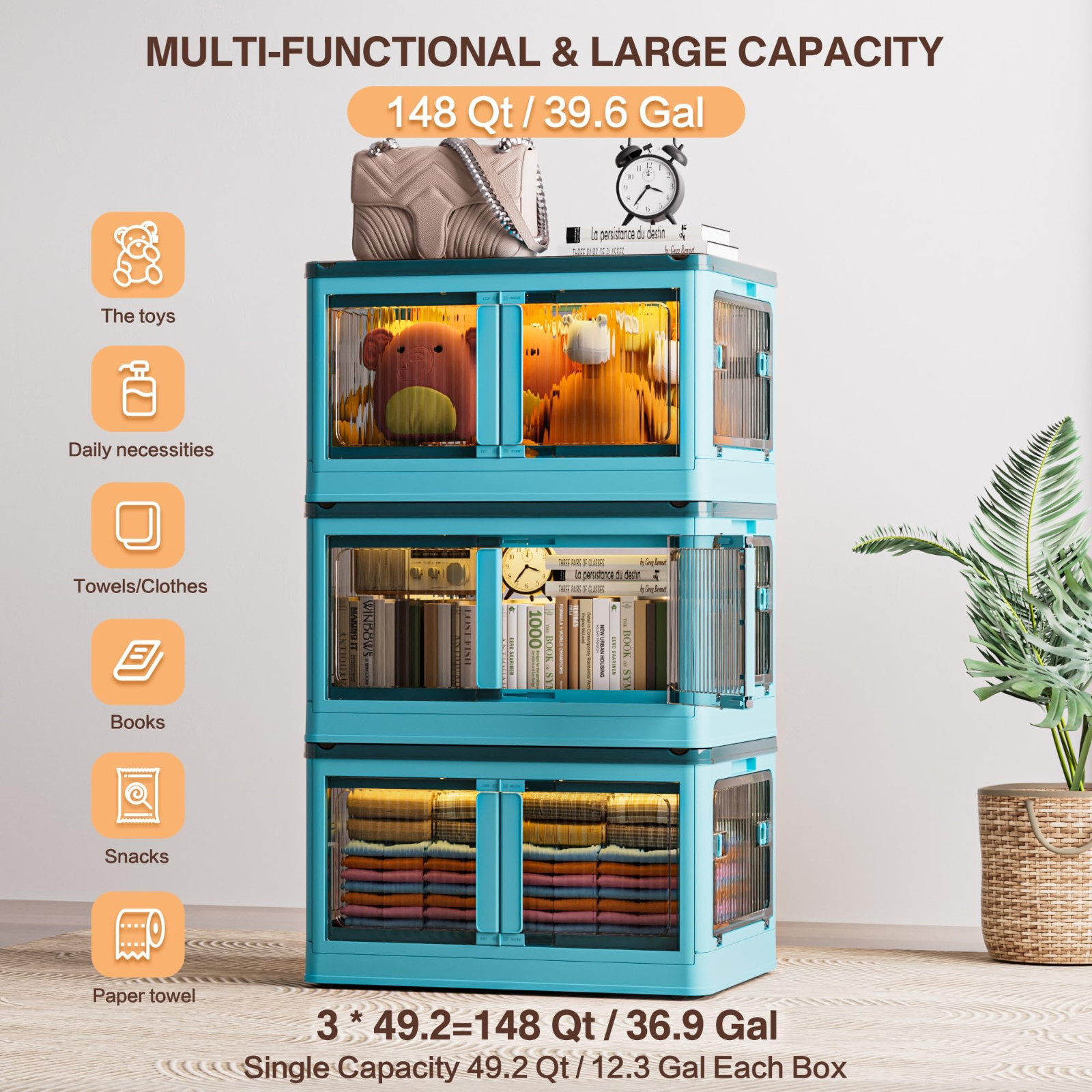 3-Tier Stackable Storage Bins 148QT Foldable Closet Organizer Box Doors
