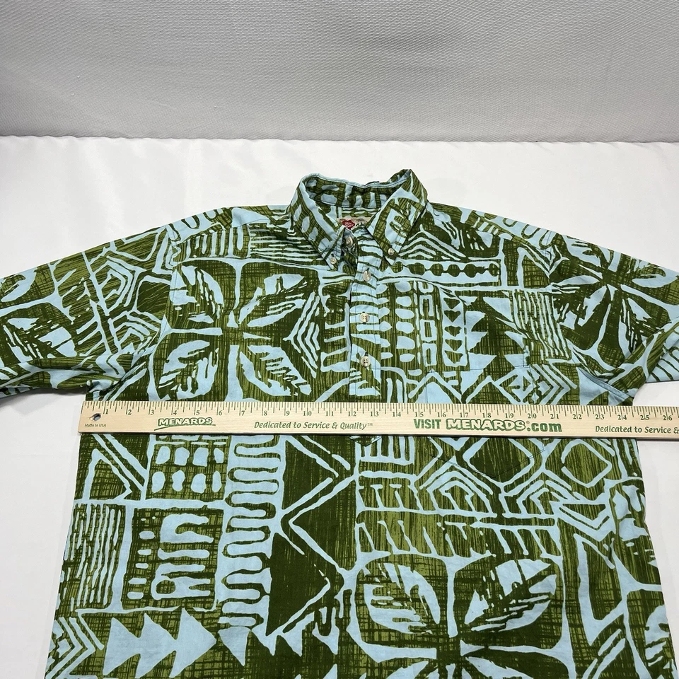 Винтажная рубашка Hilo Hattie L сине-зеленая ацтекская геометрическая гавайская сделано в США на пуговицах - Изображение 4 из 4