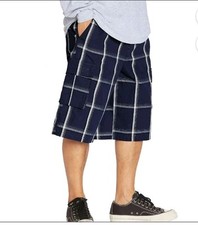 Shaka Wear Men's 5XL Navy Blue Cargo Shorts, Relaxed Fit, Plaid, Elastic Waist