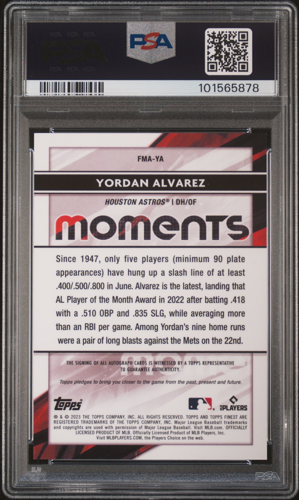 2021 Topps Finest Yordan Alvarez Moments Auto - PSA 10 Gem Mint view 2