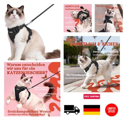 Katzengeschirr ausbruchsicher mit Leine 1,5m Schwarz ver