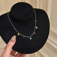 S925纯银镀14K金mini彩色四叶草吊坠锁骨链女项链