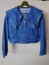 BNWT Zara Cropped Denim Jacket Blue Frill Oversized Collar Size Small 