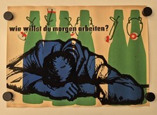 Plakat Alkohol Bier Arbeitsschutz Hygiene Museum Dresden 1960 Original DDR A2