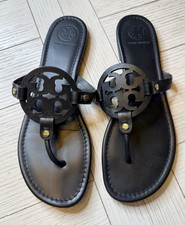 Tory Burch Matte Black Leather Miller Sandals Thongs size 11 M Authentic EUC