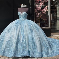 Luxurious Blue Quinceanrea Dress Lace Patchwork Sparkling Fluffy Ball Dress