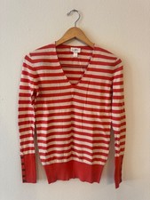LOFT Orange White Striped V-Neck Button Cuff Sweater Women's S