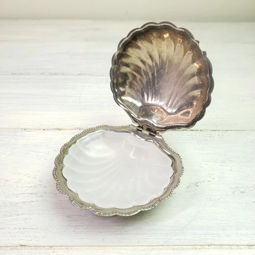 Vintage Silver Plated Clam Shell Caviar / Butter Dish with Milk Glass Insert