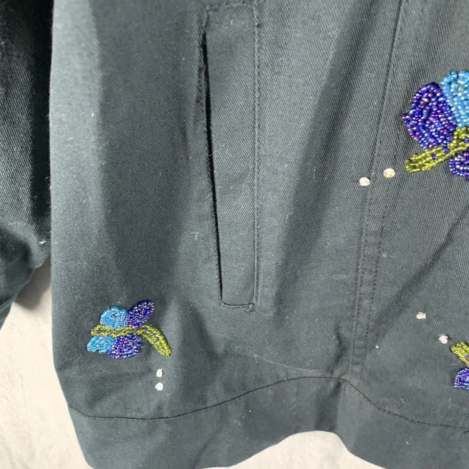 Quacker Factory Women 2X Denim Jacket Dragonfly Black Beaded Shacket Embroidered - Image 4 of 4