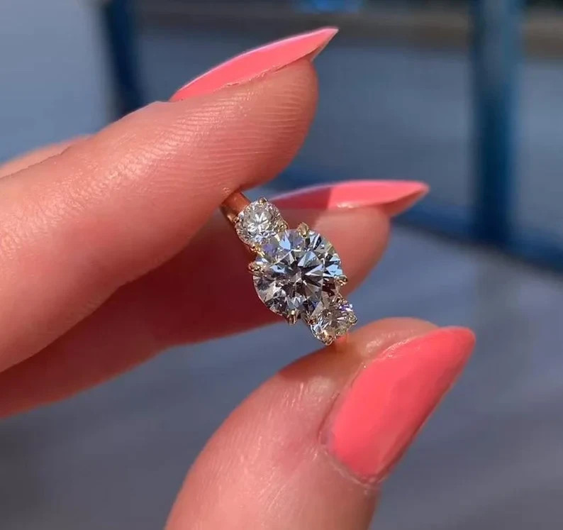 3.50 Ctw Round Moissanite Three Stone Engagement Ring 14K Yellow Gold Plated