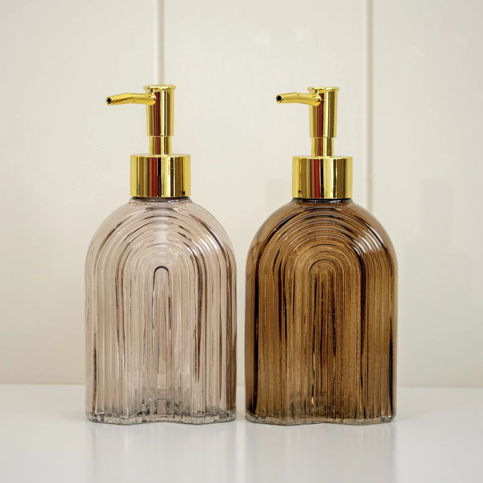 DARTHOME 500ml Ribbed Arch Glass Soap Dispensers Gold Pump Brown Liquid Lotion Holder