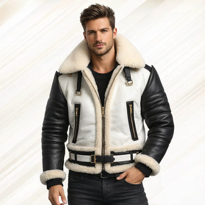 Men s White RAF Aviator B3 Bomber Jacket   Real Leather Shearling Fur Pilot