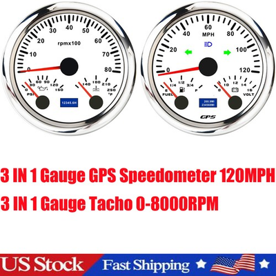 #ad 85MM GPS Speedometer 120MPH Fuel Volt Tacho 8000RPM Water Temp Press W Sender US $109.28
