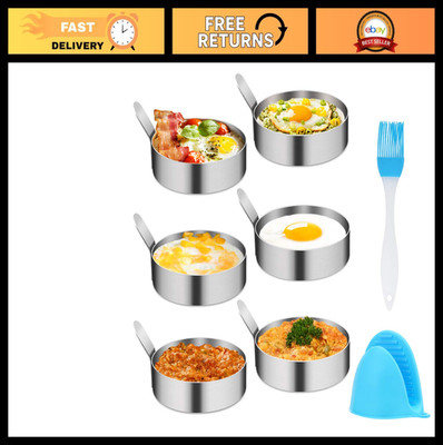 Nonstick Egg Cooker Rings Set - 4/6 Pcs Round Molds with Oil Brush & Clips, Perf