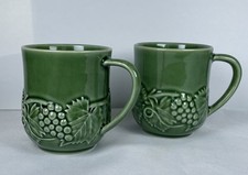 Vintage Bordallo Pinheiro Mug Cup Green Embossed Grape Vine Leaves Set of 2
