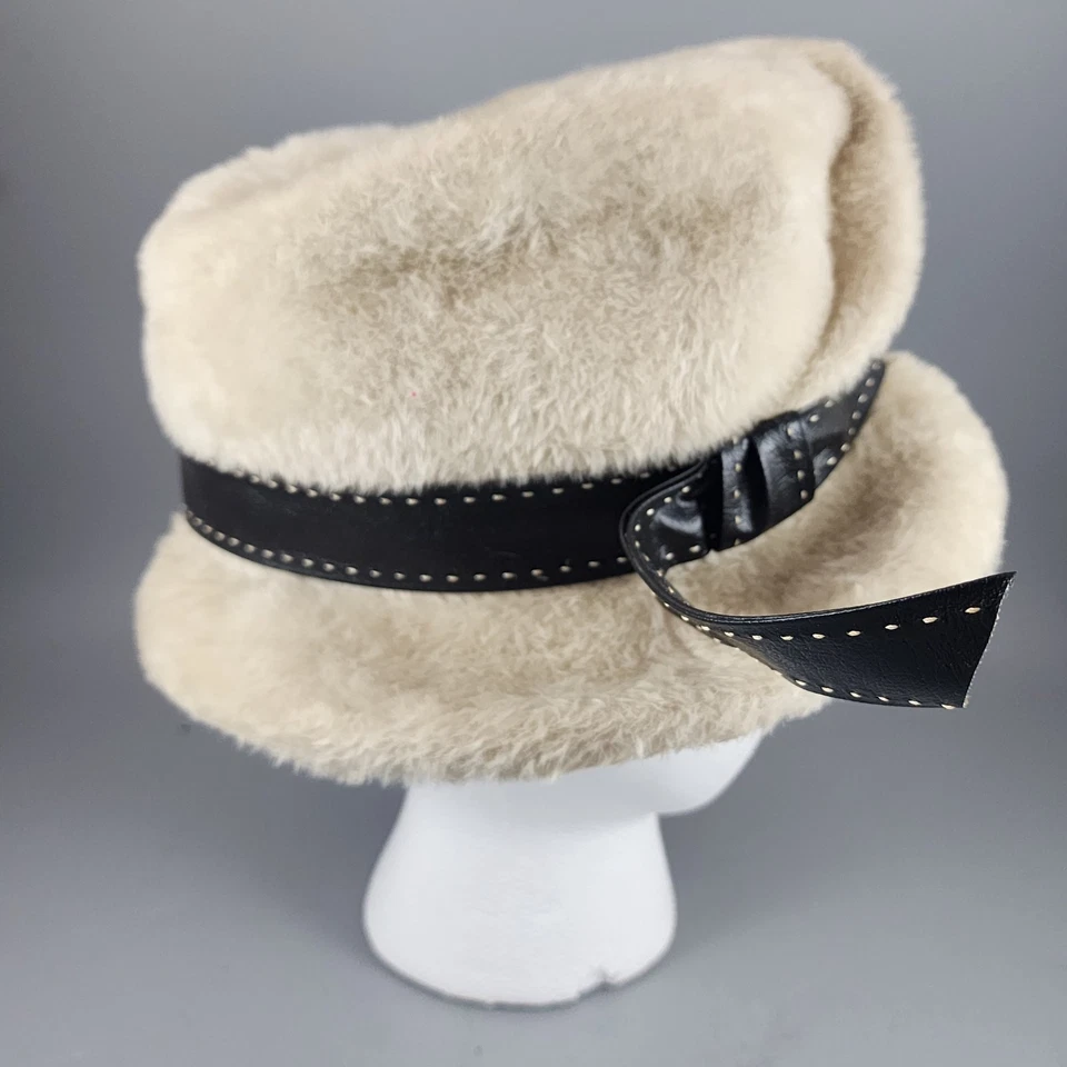 Sombrero estilo pastillero de piel de Marche vintage con borde y banda de cuero - Mod años 60 beige Foto 3 de 4