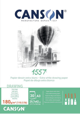 CANSON 1557 Extra White 120Gsm A3 Sketch Paper, Light Grain, 30 Sheets, Ideal fo