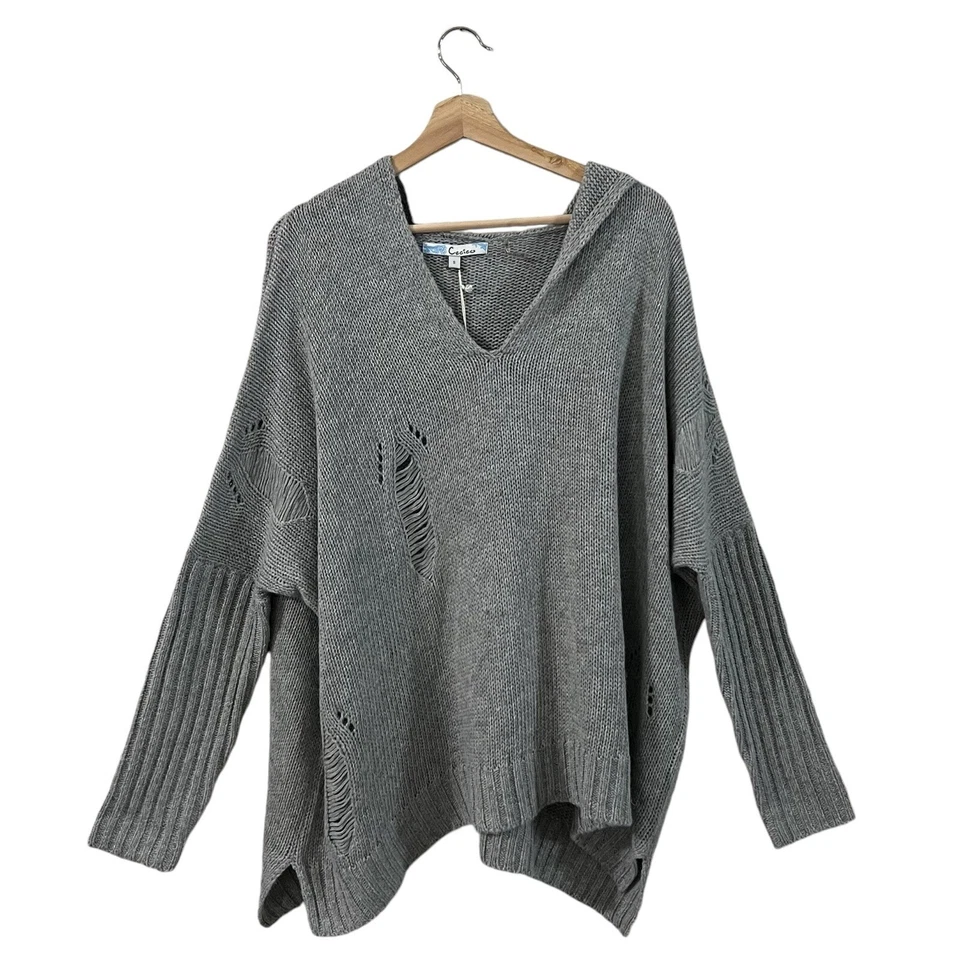 Suéter con Capucha Cecico Talla Pequeña Gran Tamaño Suelto Envejecido Tejido Sudadera con Capucha Gris Foto 2 de 4