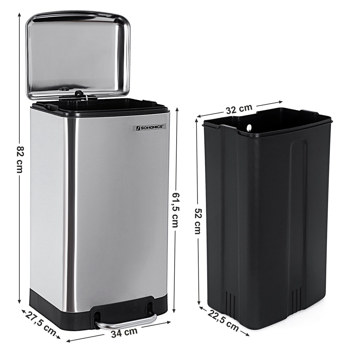 SONGMICS Edelstahl-Mülleimer 30 Liter – Mit Fußpedal, Deckel & Inneneimer, Für Küche & Mehr