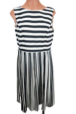 Adrianna Papell Black & White Striped Sleeveless Pleated Dress Work Midi Sz 10
