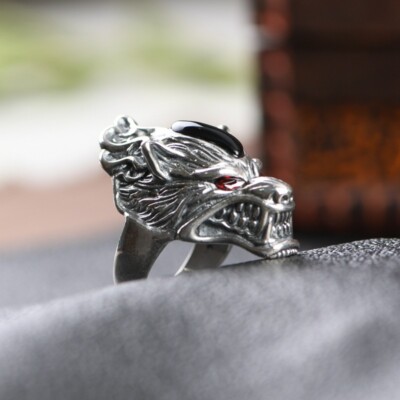 I05 Striking Mens Ring Dog Wolf Head Wolf Size 19. 22 Adjustable Silver 925