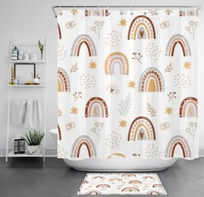 Modern Mid Century Cute Boho Rainbow Shower Curtain Bathroom Accessories Set