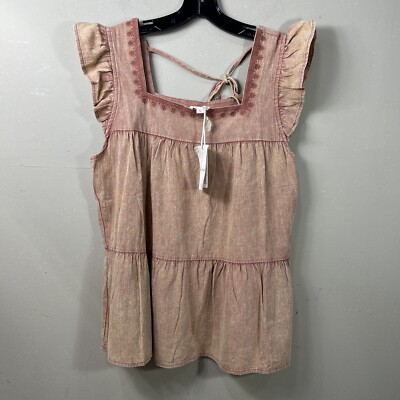 Hem & Thread Top Women s Sz Large Rust ColoredEmbroidered Ruffle Tank Boho NWT