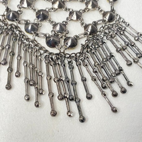 Gun Metal Tone Bib Necklace Open Work Clear Rhinestones On Netting And Fringe - Picture 8 of 12