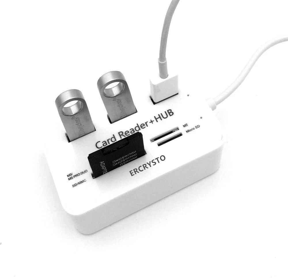 Compact White USB Hub & Card Reader - Plug & Play with Multi-Card Support