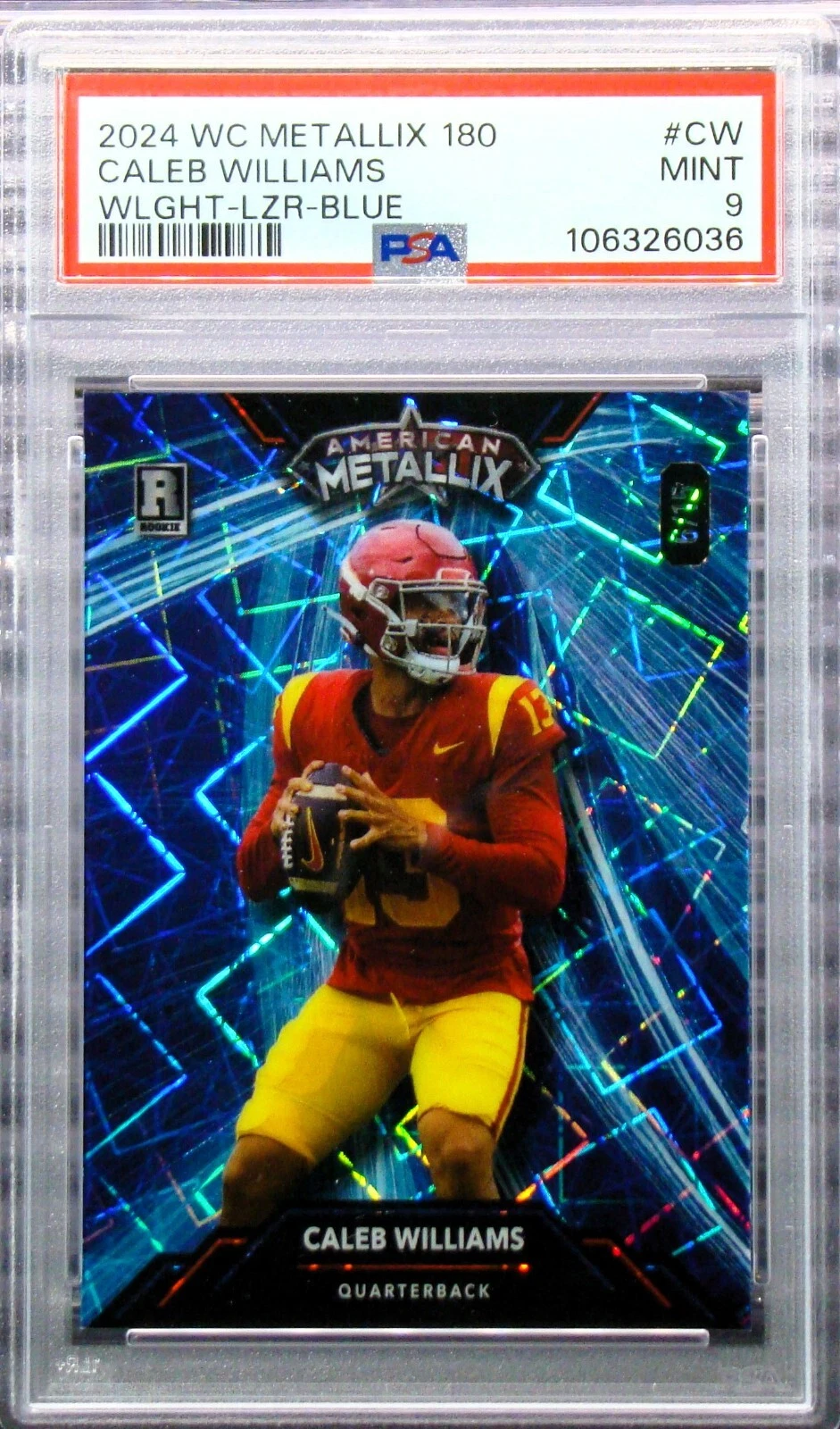 Caleb Williams Wild Card American Metallix Promo Pro-Look 180 Wildlight #CW Lazers Foil-Blue