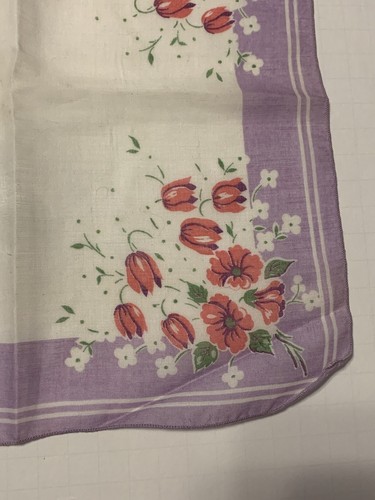 Vintage Hankie Hanky Handkerchief w/Lavender Border Red Floral - Picture 3 of 13