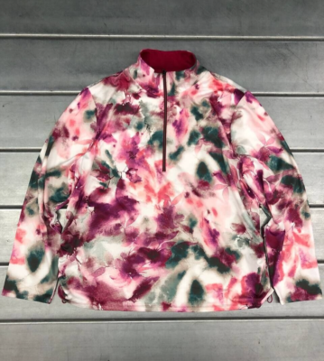 Chicos Floral Sweater Womens XL Purple Flower Tie Dye Quarter Zip
