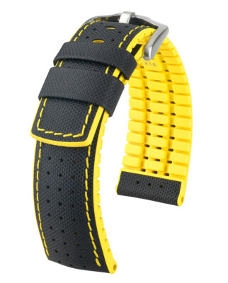 HIRSCH Robby Leather Watch Strap - Natural Rubber Core - Black / Yellow - 24mm