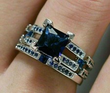 2.20Ct Princess Cut Lab Created Sapphire Bridal Set Ring 14k White Gold Plated