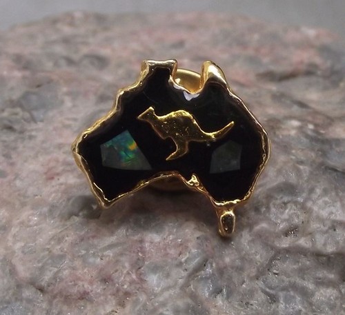 Map of Australia Golden Kangaroo with Opal Stones Inset Brooch Pin Badge
